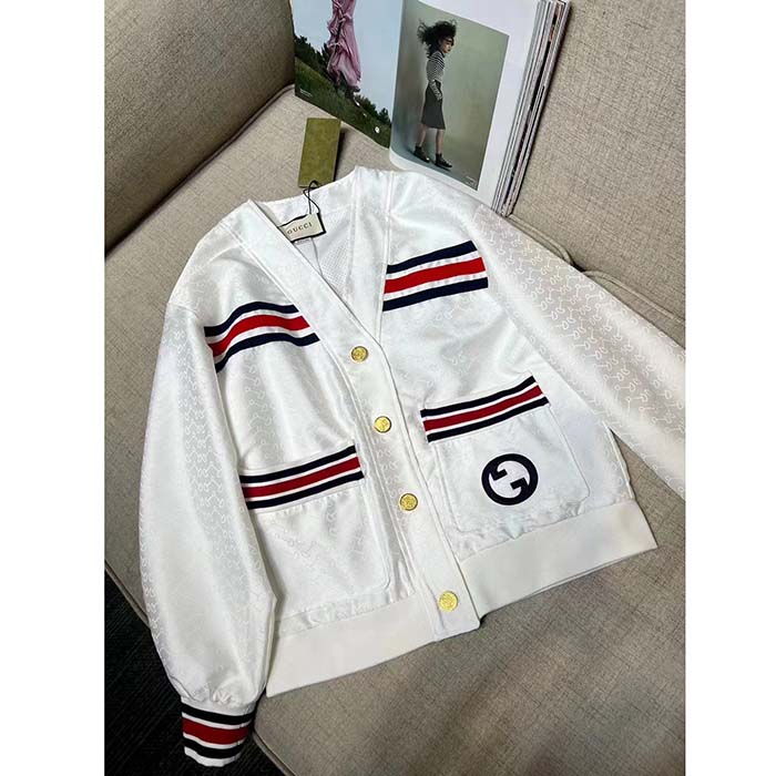 G*u*i women gg technical jersey cardigan web white v-neck dropped shoulder long sleeves