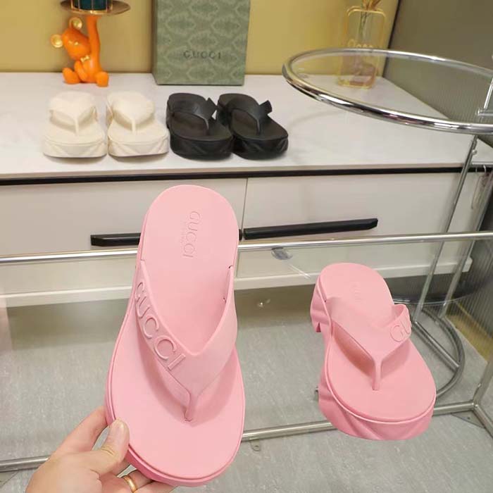 G*u*i women gg thong platform slide sandal pink rubber mid 5 cm heel