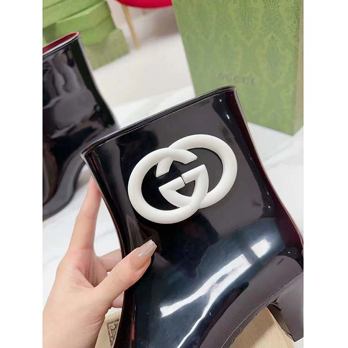 G*u*i women interlocking g ankle boot black shiny rubber matte point toe low-heel