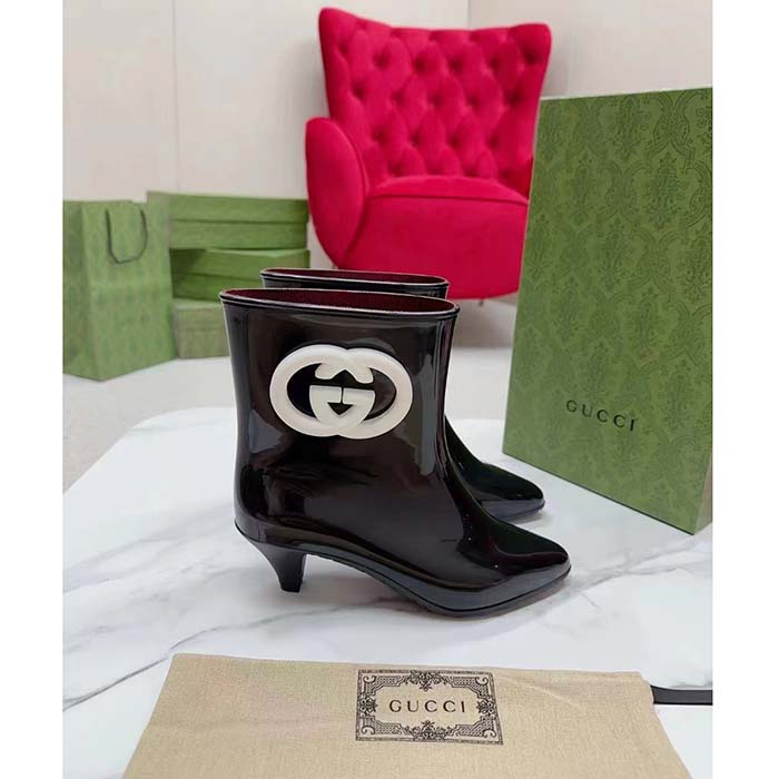 G*u*i women interlocking g ankle boot black shiny rubber matte point toe low-heel