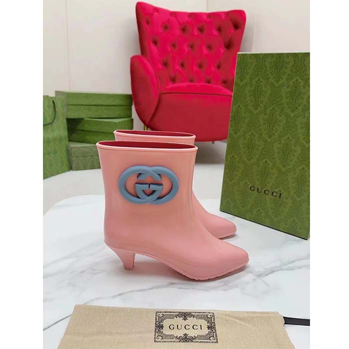 G*u*i women interlocking g ankle boot pink shiny rubber matte point toe low-heel