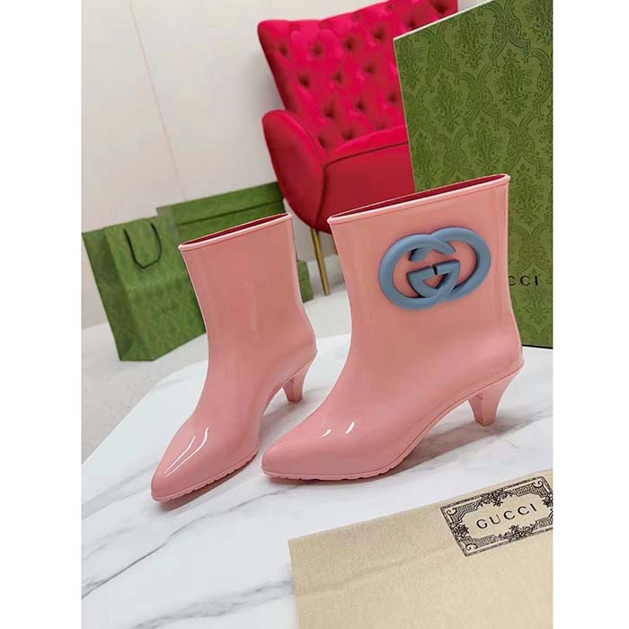 G*u*i women interlocking g ankle boot pink shiny rubber matte point toe low-heel