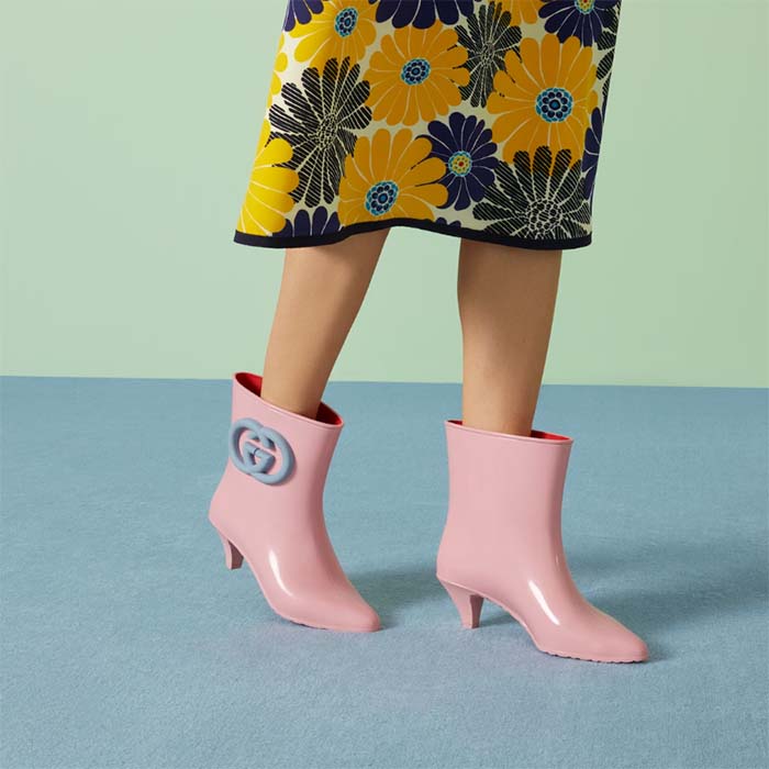G*u*i women interlocking g ankle boot pink shiny rubber matte point toe low-heel