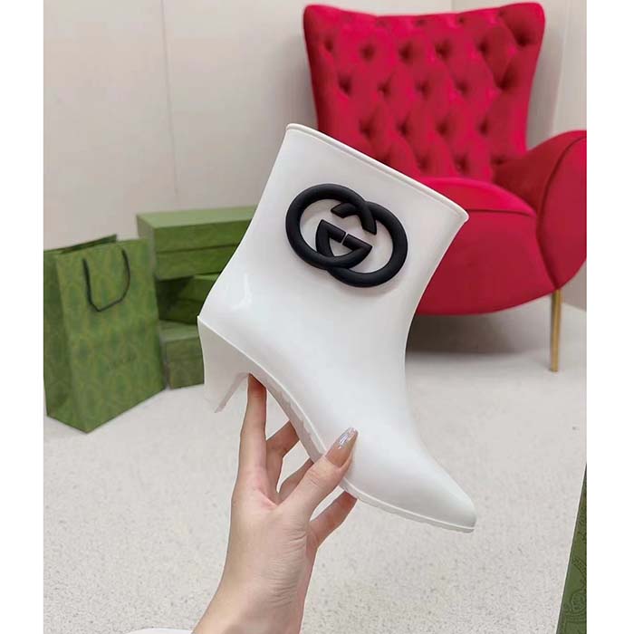 G*u*i women interlocking g ankle boot white shiny rubber matte point toe low-heel