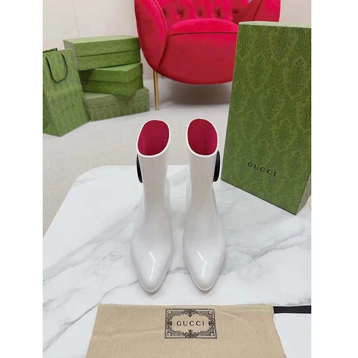 G*u*i women interlocking g ankle boot white shiny rubber matte point toe low-heel