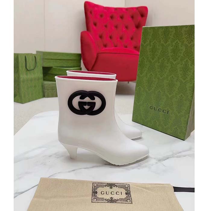 G*u*i women interlocking g ankle boot white shiny rubber matte point toe low-heel