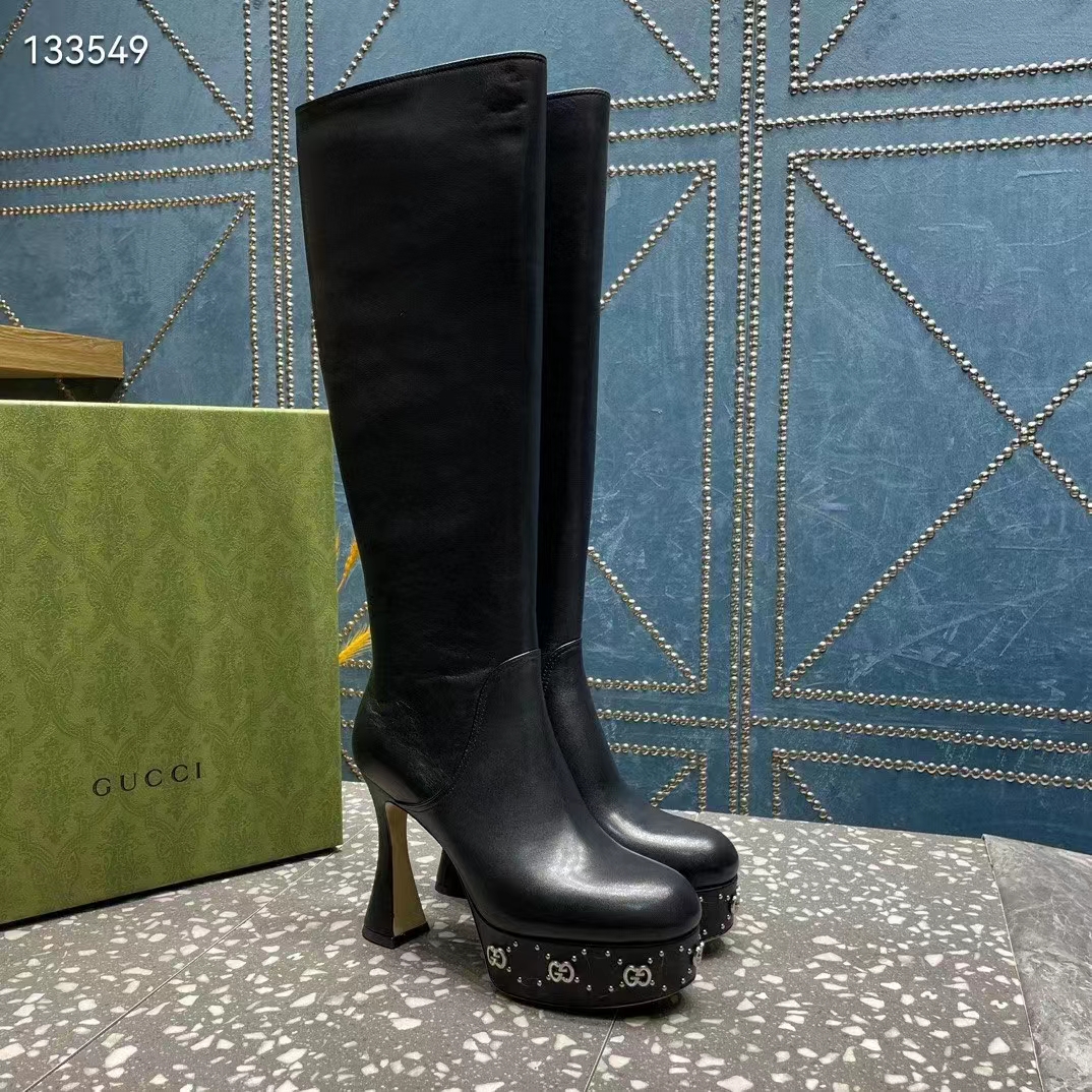 G*u*i women platform boot gg studs black leather spool high 11.4 cm heel
