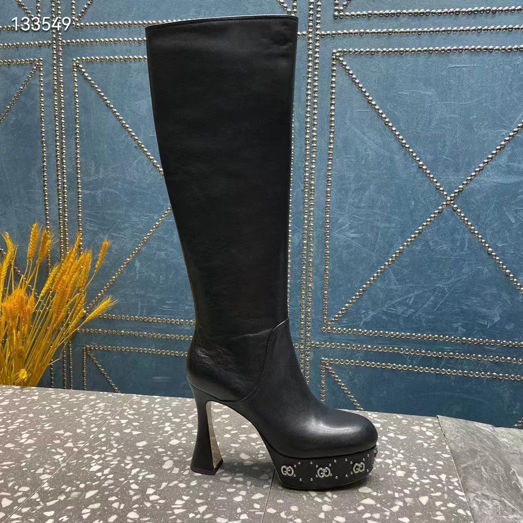 G*u*i women platform boot gg studs black leather spool high 11.4 cm heel