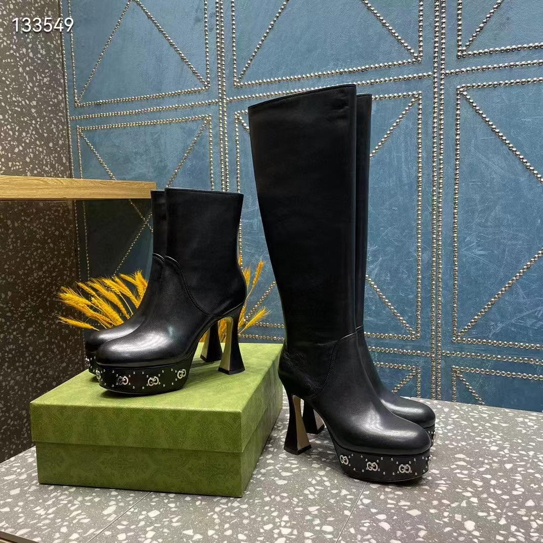 G*u*i women platform boot gg studs black leather spool high 11.4 cm heel
