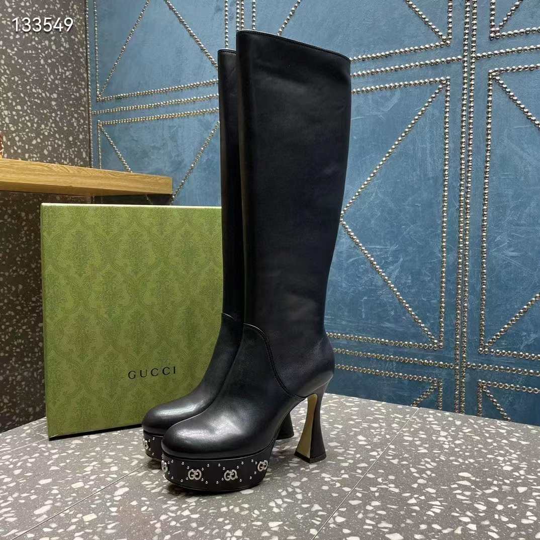 G*u*i women platform boot gg studs black leather spool high 11.4 cm heel