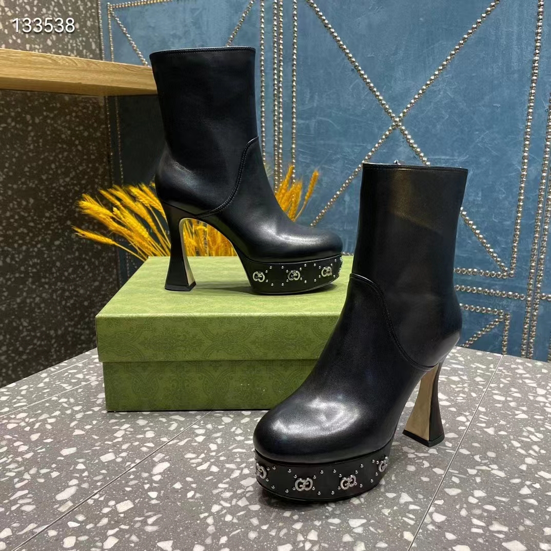G*u*i women platform gg studs black leather spool high 11.4 cm heel