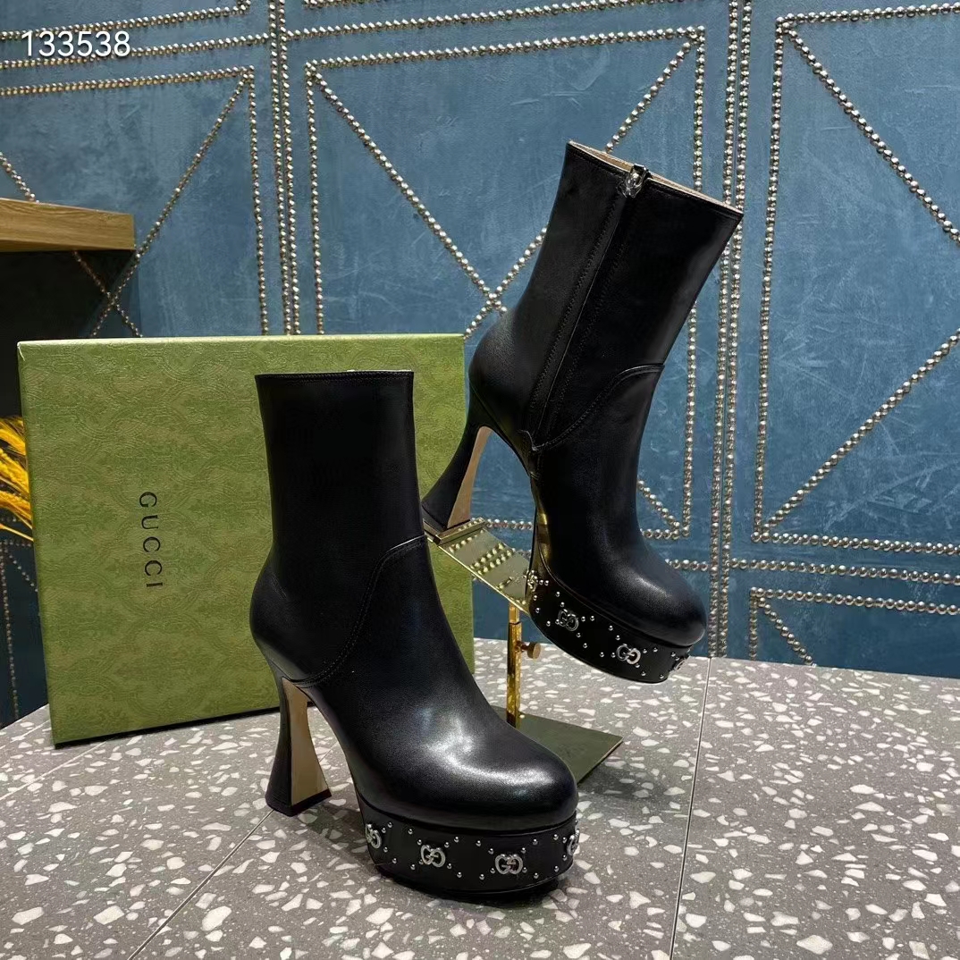 G*u*i women platform gg studs black leather spool high 11.4 cm heel