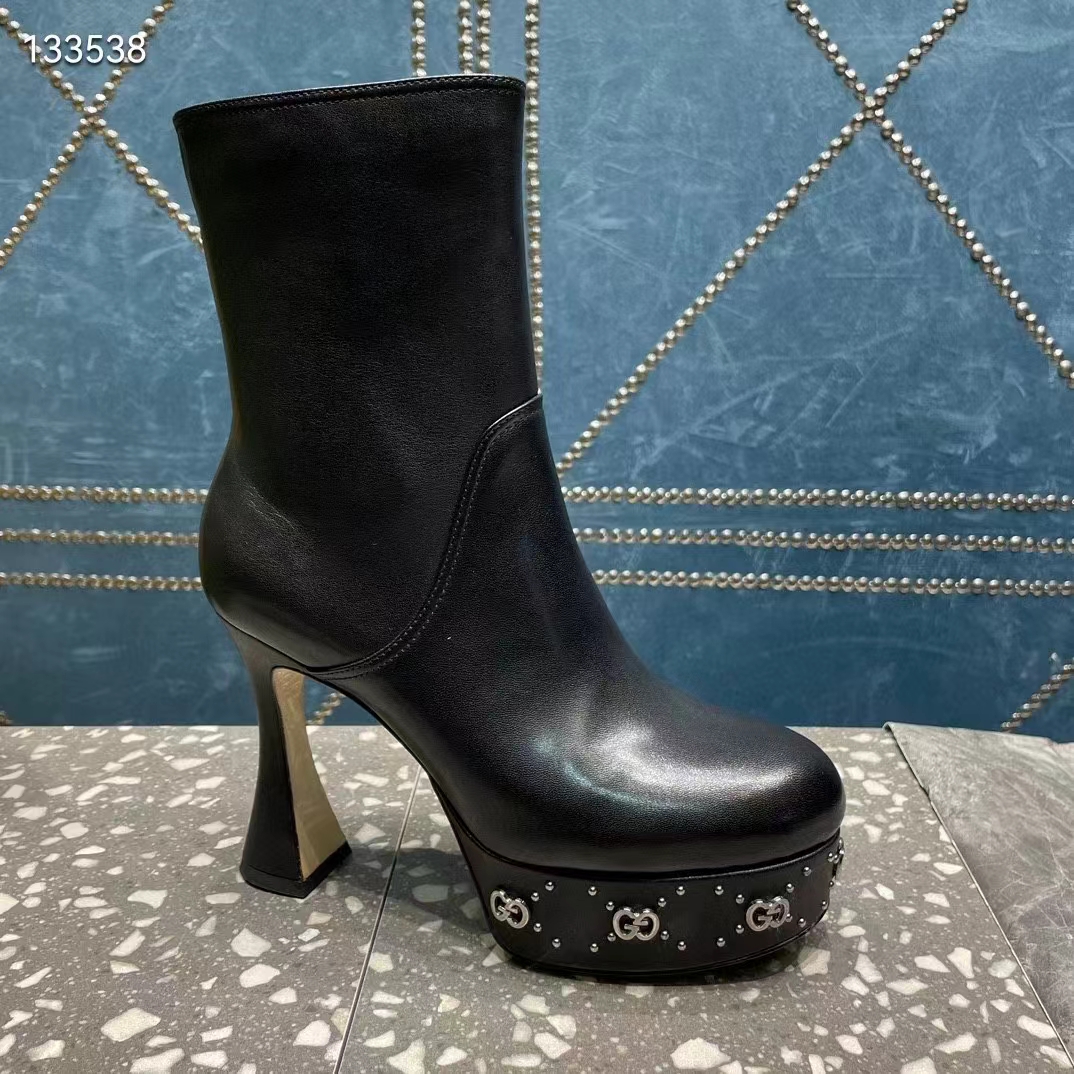 G*u*i women platform gg studs black leather spool high 11.4 cm heel