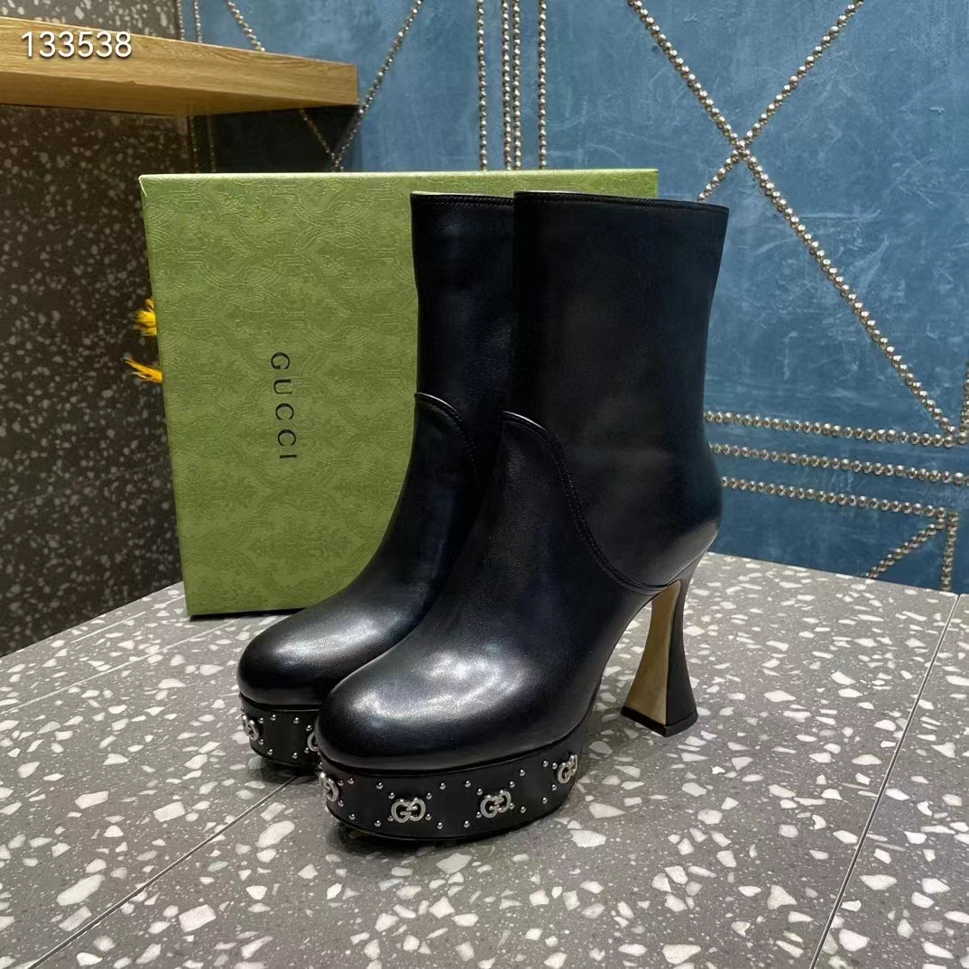 G*u*i women platform gg studs black leather spool high 11.4 cm heel