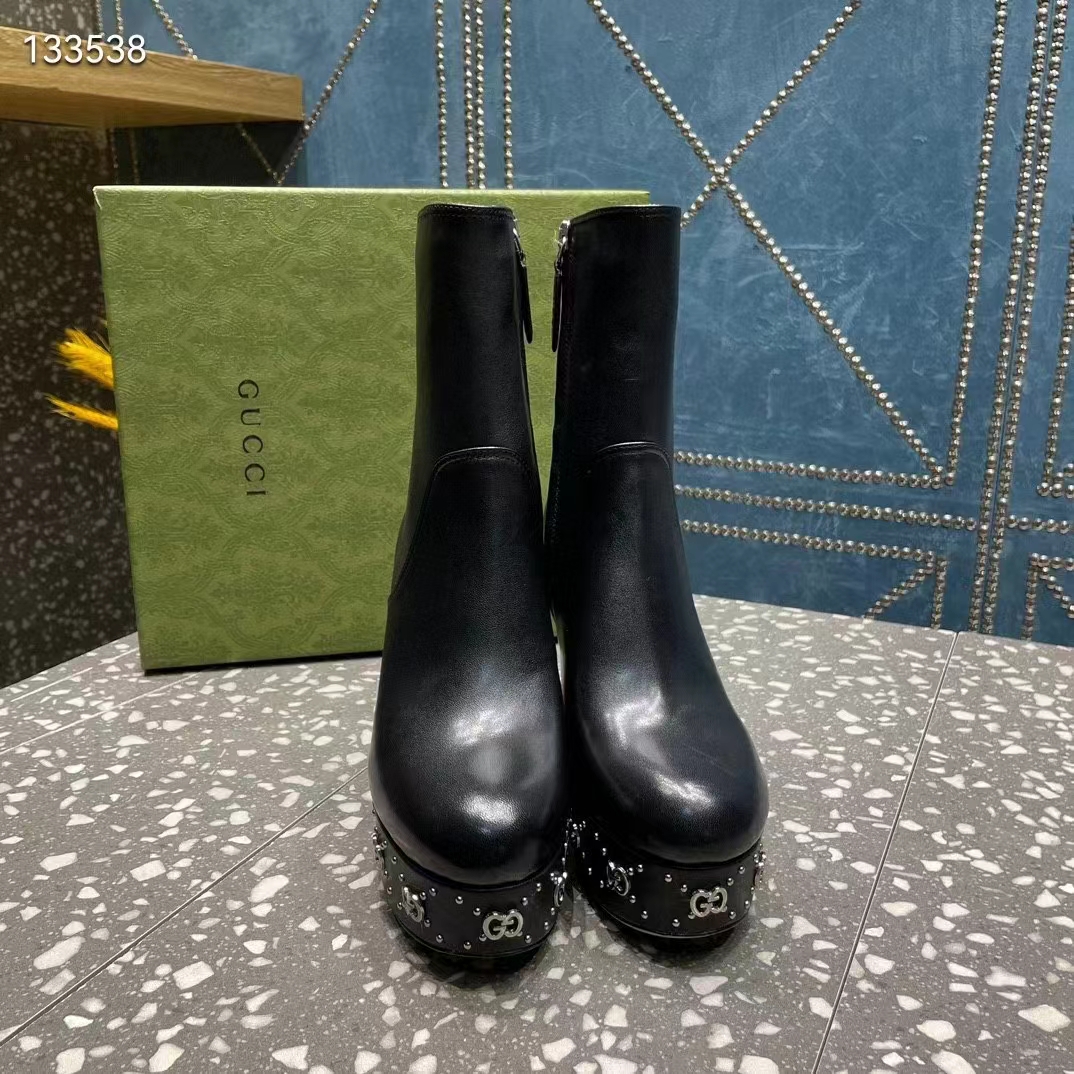 G*u*i women platform gg studs black leather spool high 11.4 cm heel
