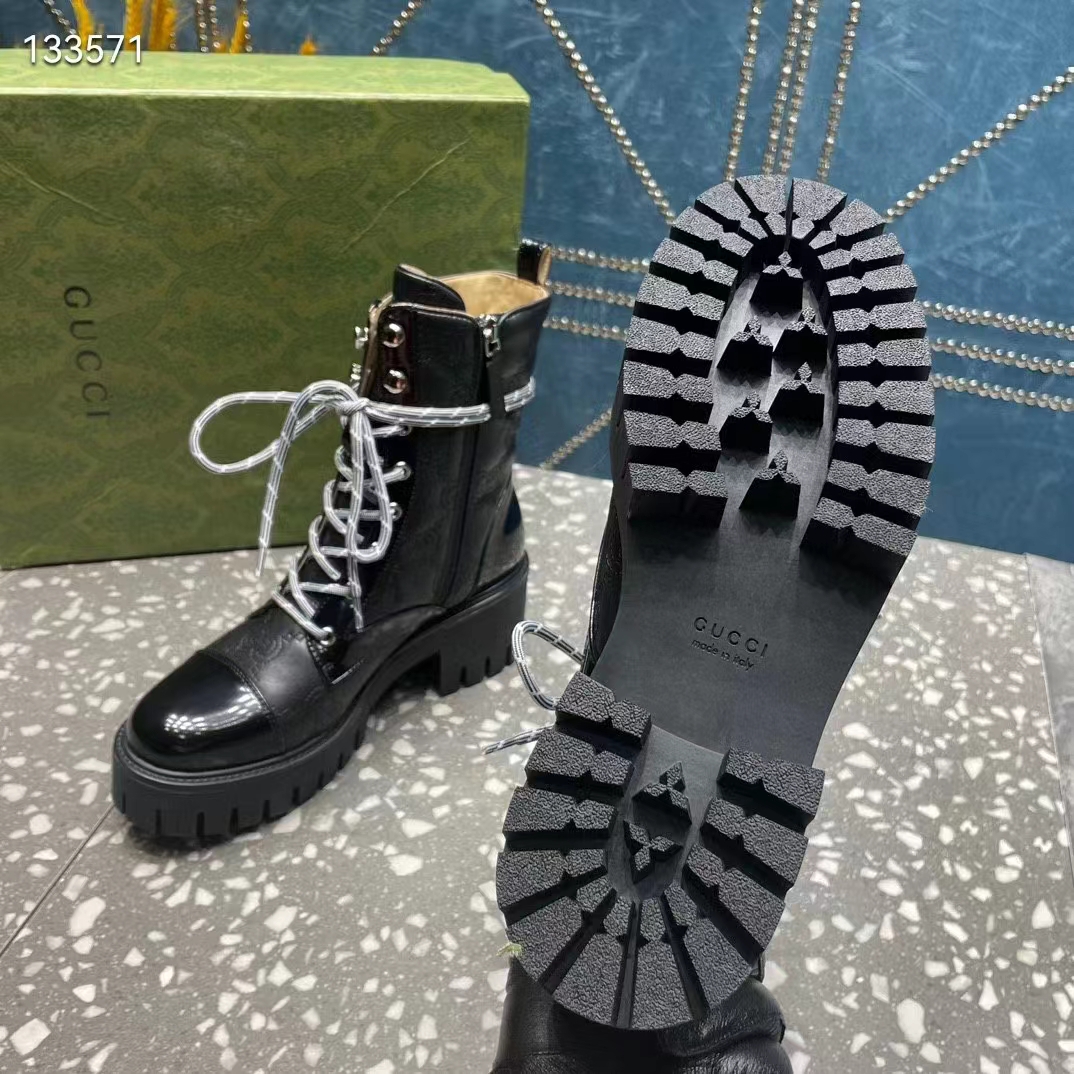 G*u*i women’s matelassé lace-up boot black gg matelassé leather low-heel