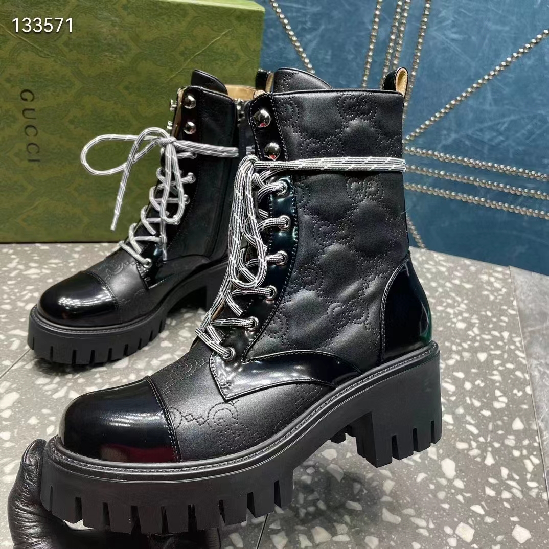 G*u*i women’s matelassé lace-up boot black gg matelassé leather low-heel