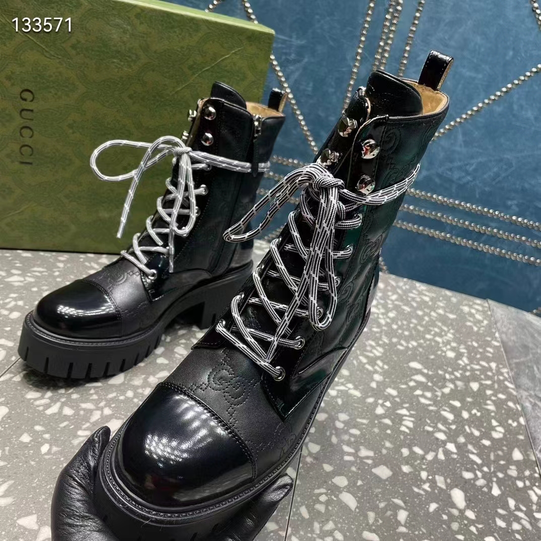 G*u*i women’s matelassé lace-up boot black gg matelassé leather low-heel