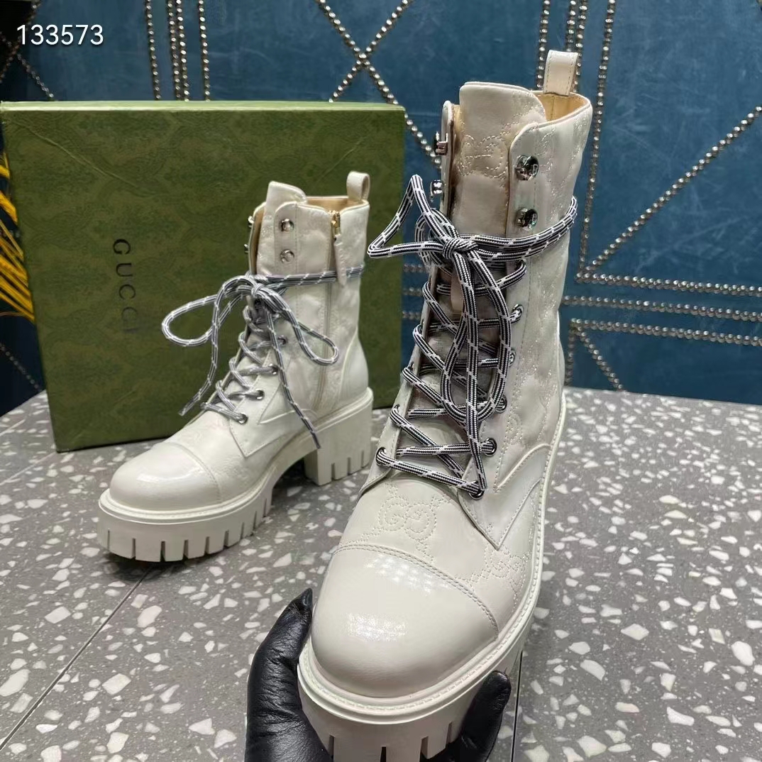 G*u*i women’s matelassé lace-up boot off white gg matelassé leather low-heel