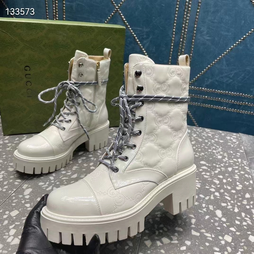 G*u*i women’s matelassé lace-up boot off white gg matelassé leather low-heel