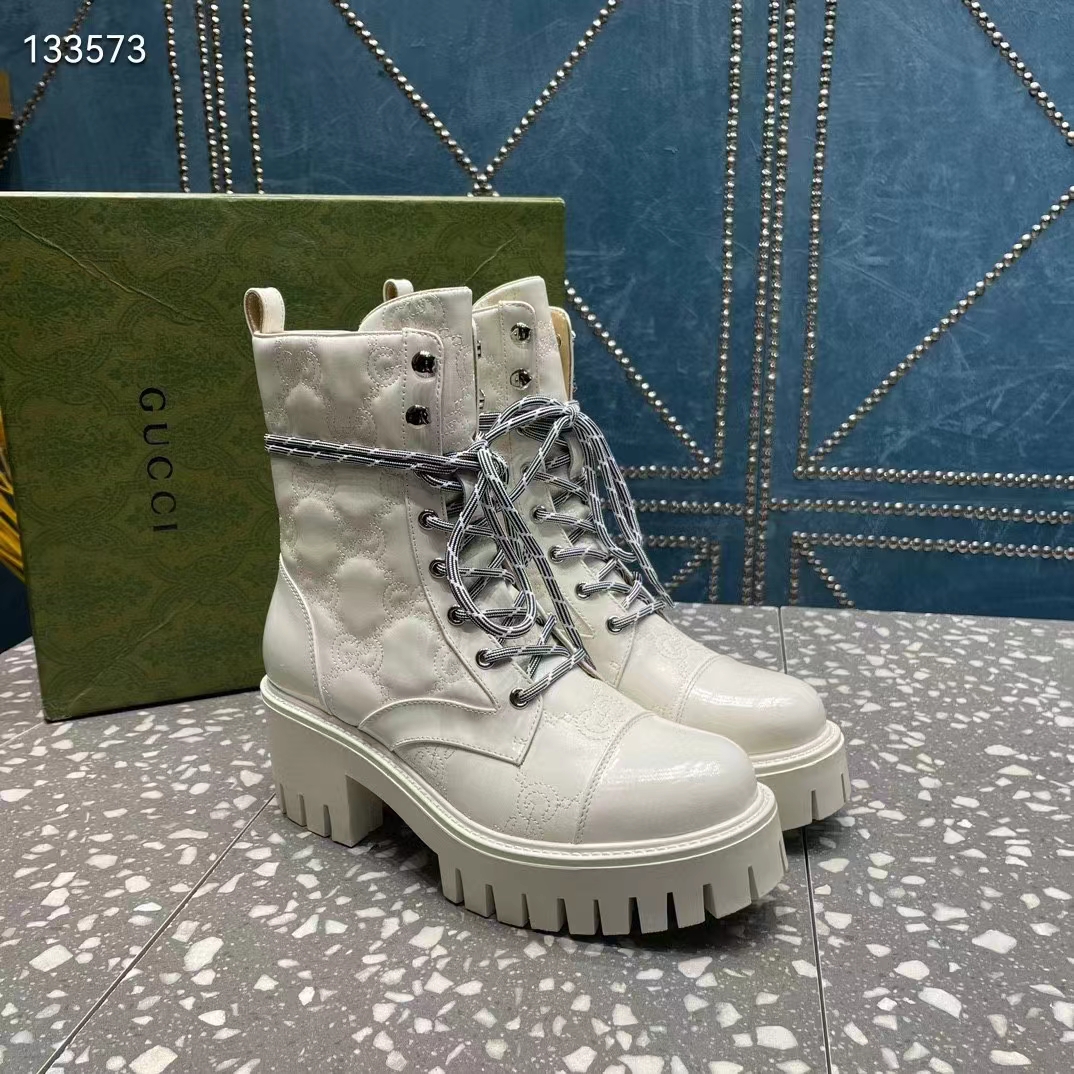 G*u*i women’s matelassé lace-up boot off white gg matelassé leather low-heel