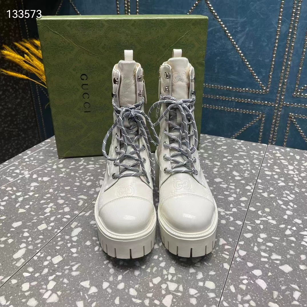 G*u*i women’s matelassé lace-up boot off white gg matelassé leather low-heel