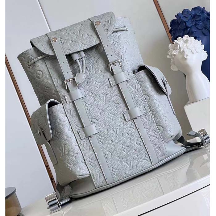 Louis Vuitton LV Unisex Christopher MM Backpack Mineral Gray Embossed Taurillon Monogram Cowhide Leather