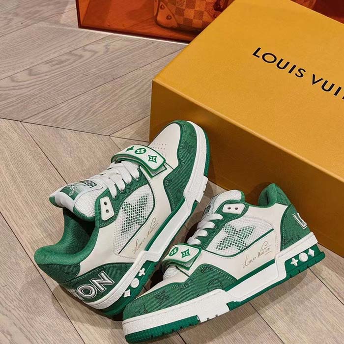 Louis Vuitton LV Unisex LV Trainer Sneaker Green Monogram Denim Rubber Outsole