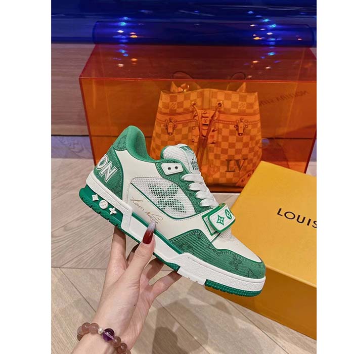 Louis Vuitton LV Unisex LV Trainer Sneaker Green Monogram Denim Rubber Outsole