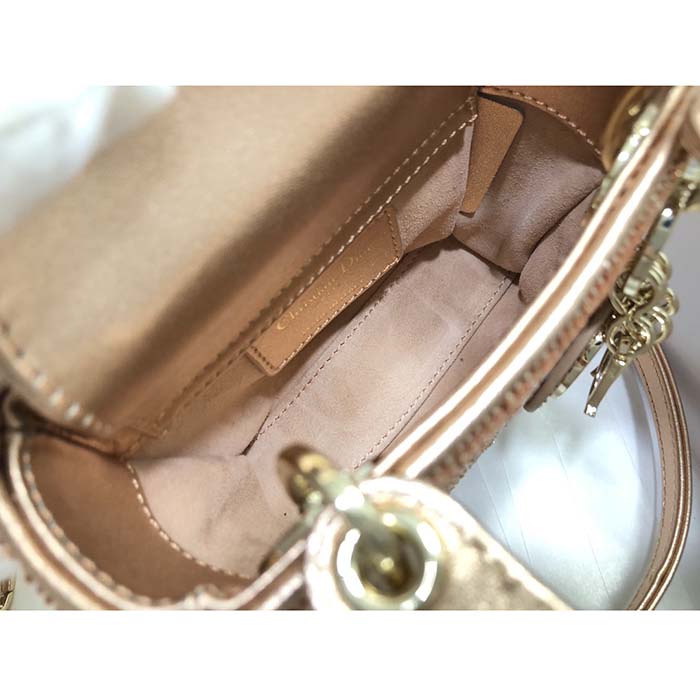 Dior Women CD Mini Lady Bag Caramel Beige Cannage Cotton Embroidered Micropearls