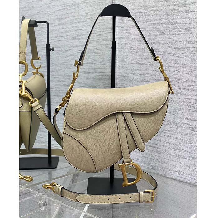 Dior Women Saddle Bag Strap Sand-Colored Grained Calfskin CD Signature Interior Back Pocket