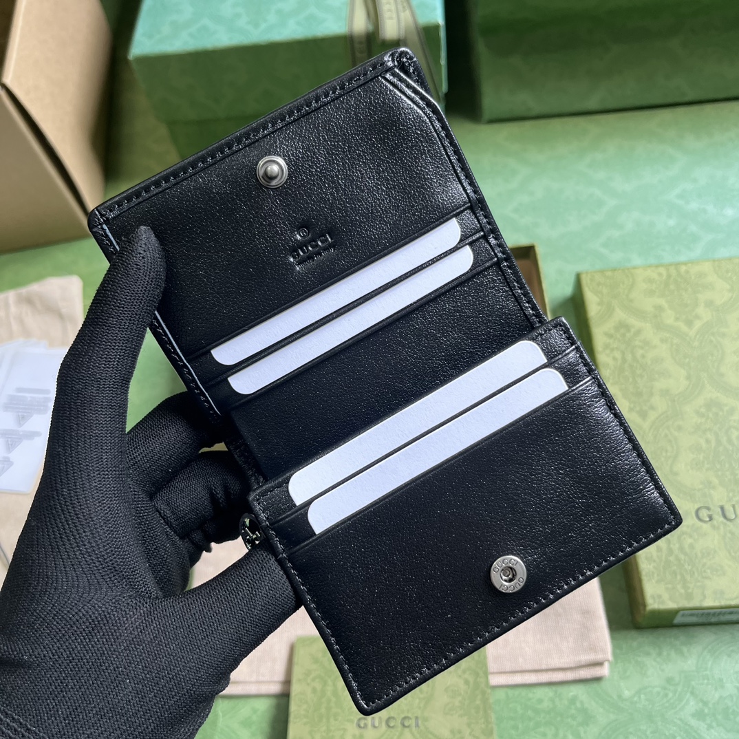 G*u*i gg unisex blondie card case wallet black leather taffeta lining round interlocking g