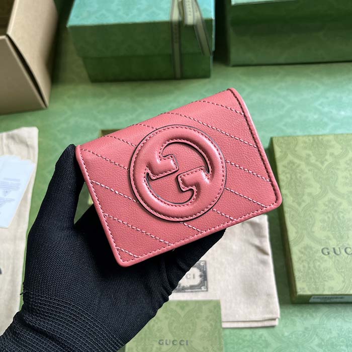 G*u*i gg unisex blondie card case wallet pink leather taffeta lining round interlocking g