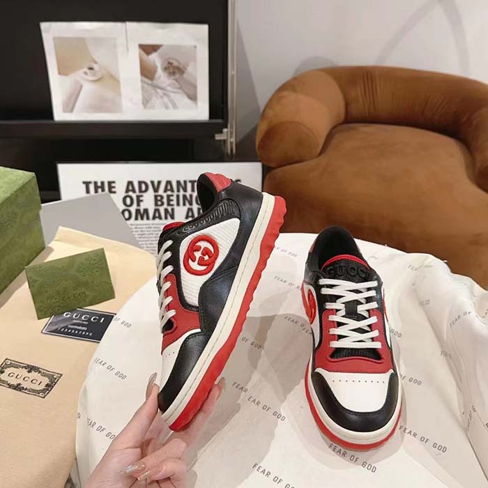 G*u*i gg unisex mac80 sneaker black red leather white fabric interlocking g embroidery round toe rubber