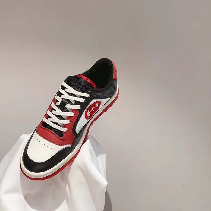 G*u*i gg unisex mac80 sneaker black red leather white fabric interlocking g embroidery round toe rubber
