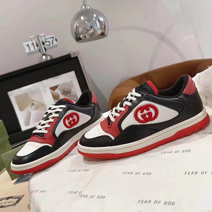 G*u*i gg unisex mac80 sneaker black red leather white fabric interlocking g embroidery round toe rubber
