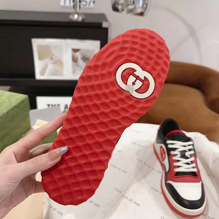 G*u*i gg unisex mac80 sneaker black red leather white fabric interlocking g embroidery round toe rubber