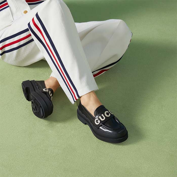 G*u*i gg women G*u*i loafer black white leather scalloped script rubber sole mid-heel