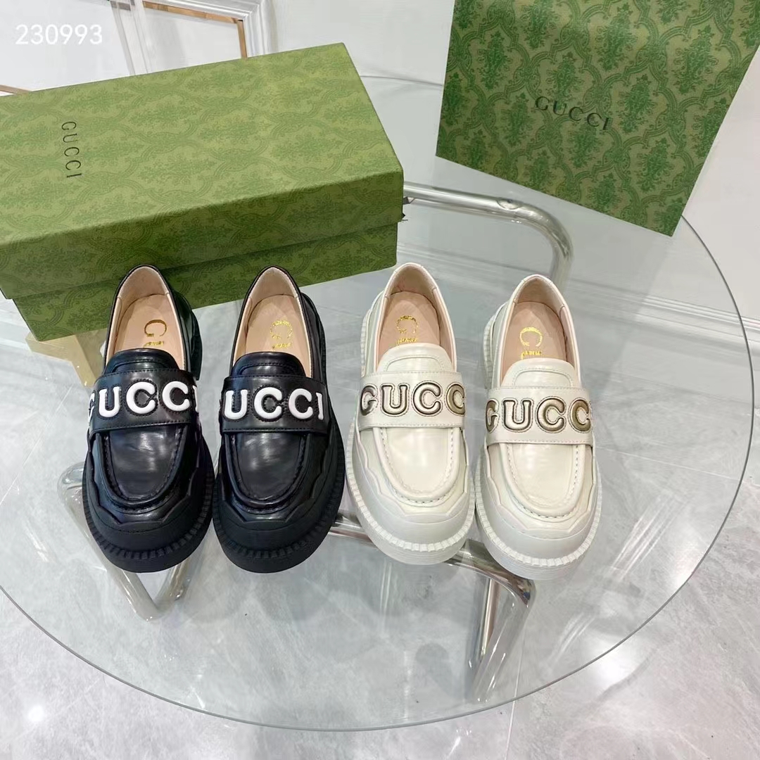 G*u*i gg women G*u*i loafer white metallic leather scalloped script rubber sole mid-heel