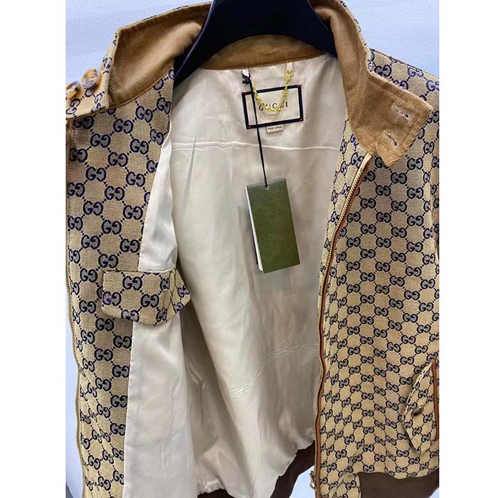 G*u*i women gg cotton canvas zip jacket beige blue leather lined stand collar buttons