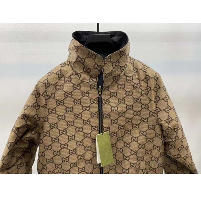 G*u*i men reversible poplin jacket black polyester piping green red beige ebony gg canvas