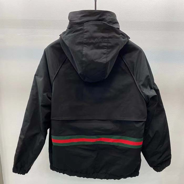 G*u*i men reversible poplin jacket black polyester piping green red beige ebony gg canvas