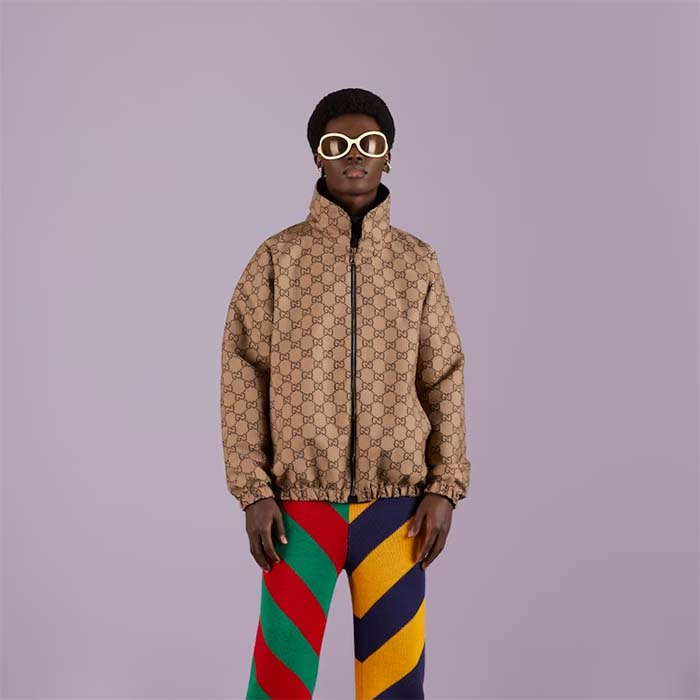 G*u*i men reversible poplin jacket black polyester piping green red beige ebony gg canvas