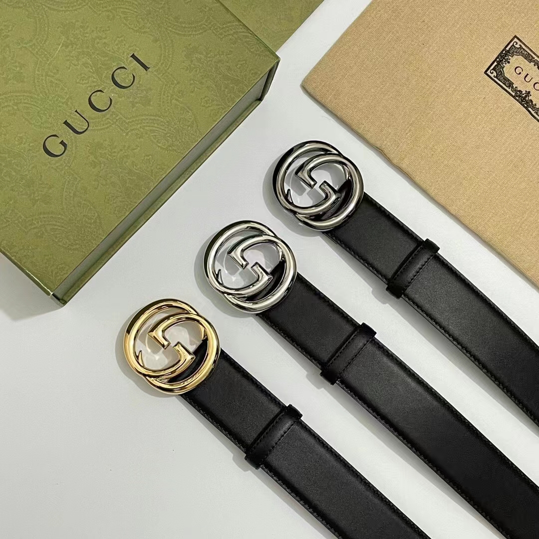 G*u*i unisex blondie belt black leather round interlocking g buckle 4 cm width