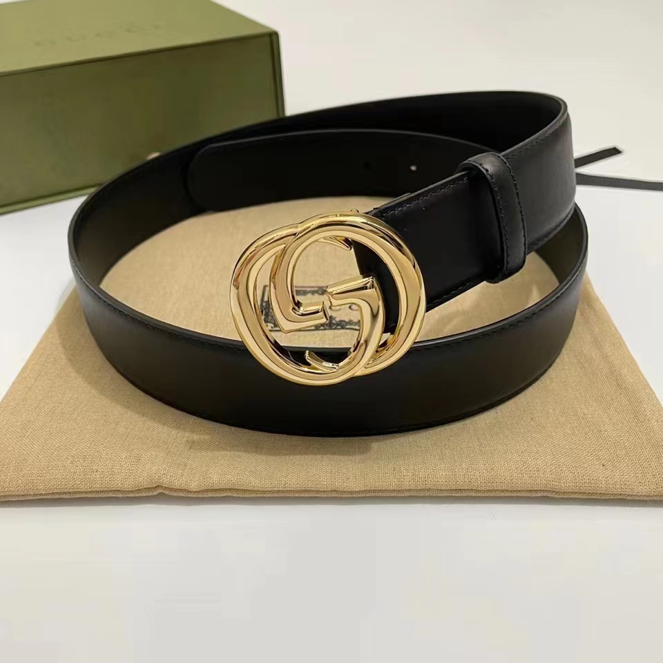 G*u*i unisex blondie belt black leather round interlocking g buckle 4 cm width