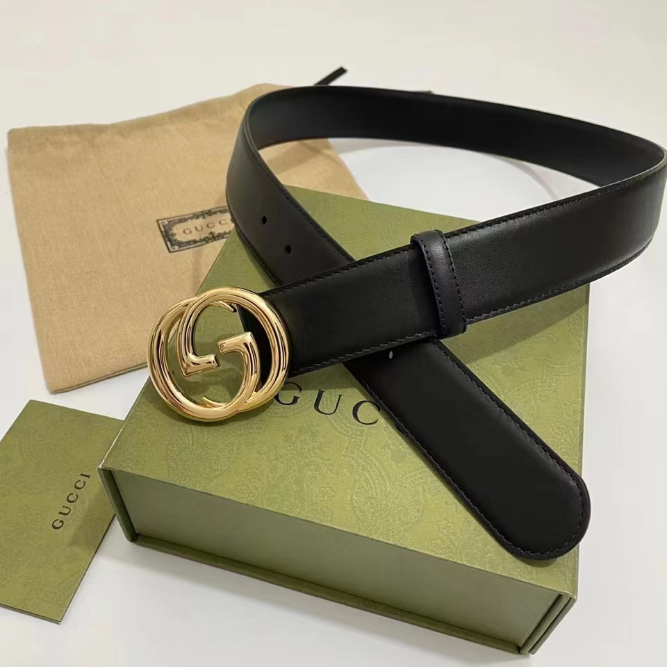 G*u*i unisex blondie belt black leather round interlocking g buckle 4 cm width
