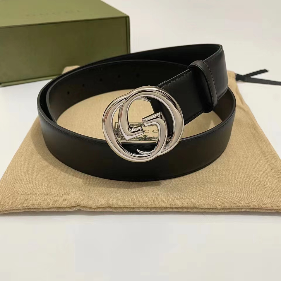 G*u*i unisex blondie belt black leather round interlocking g buckle palladium-toned hardware 4 cm width