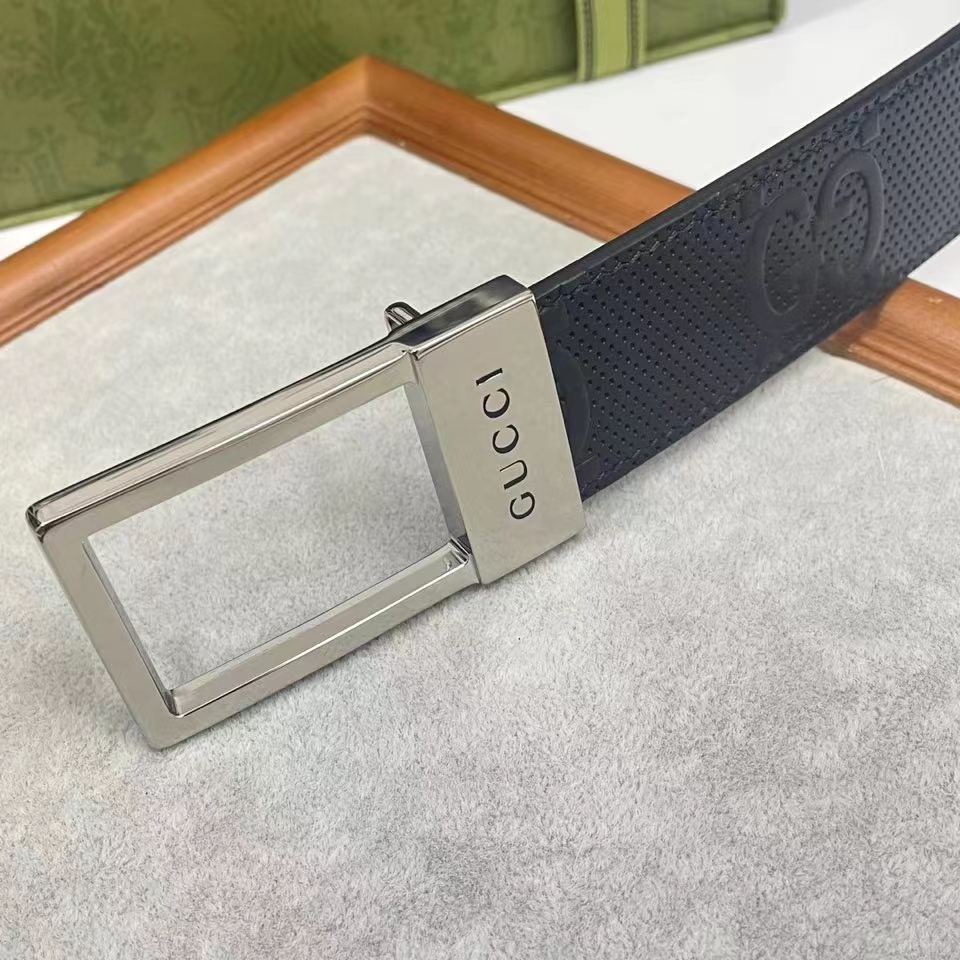 G*u*i unisex gg belt rectangular buckle black leather 3.6 cm width