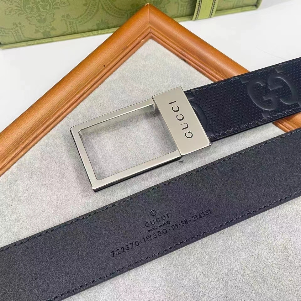 G*u*i unisex gg belt rectangular buckle black leather 3.6 cm width