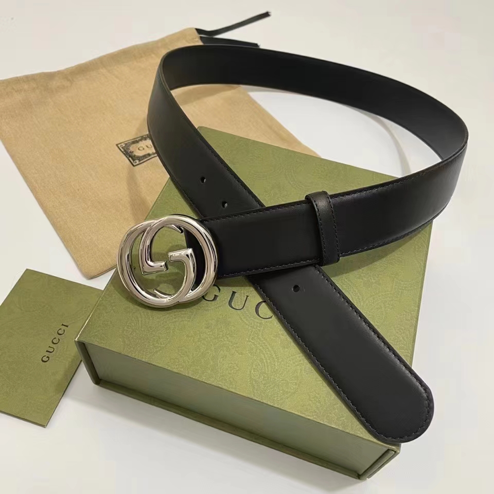 G*u*i unisex gg blondie belt black leather round interlocking g buckle 4 cm width